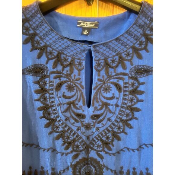 Lucky Brand Blue Black Embroidered Beaded Boho Shift Dress Size small (3779) Rea - Picture 2 of 10